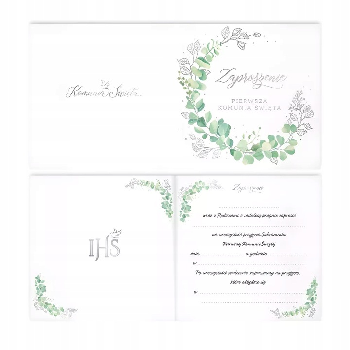 ZAPROSZENIA NA KOMUNIE komunijne + KOPERTY białe eukaliptus dla gości 10szt