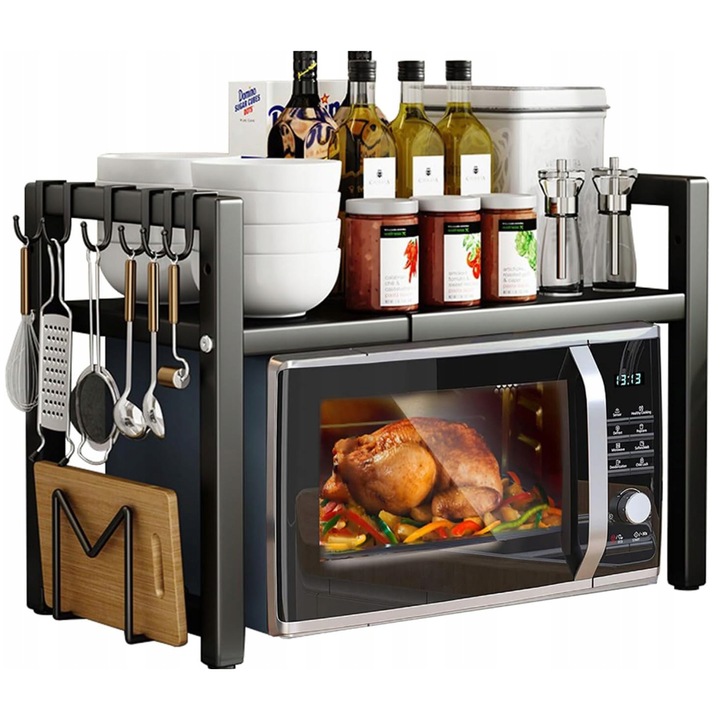 Półka Stojak Nad Mikrofalówkę Z 6 Hakami Organizer Kuchenny Czarny