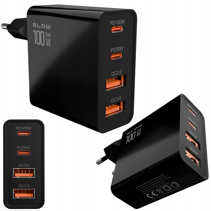 SZYBKA ŁADOWARKA SIECIOWA GaN 100W 2x USB 2x USB-C QC 3.0 + PD UNIWERSALNA