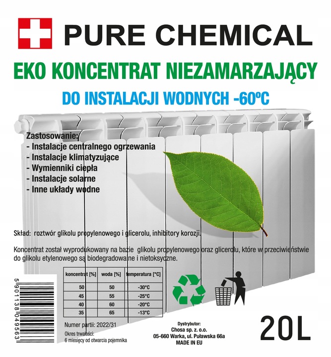 GLIKOL PROPYLENOWY KONCENTRA DO C.O EKOLOGICZNY PŁYN SOLARNY -60°C 20L