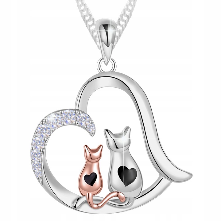 Srebrny Naszyjnik Serce z Kotami Dwa Koty Serca Serduszko Kot SREBRO 925