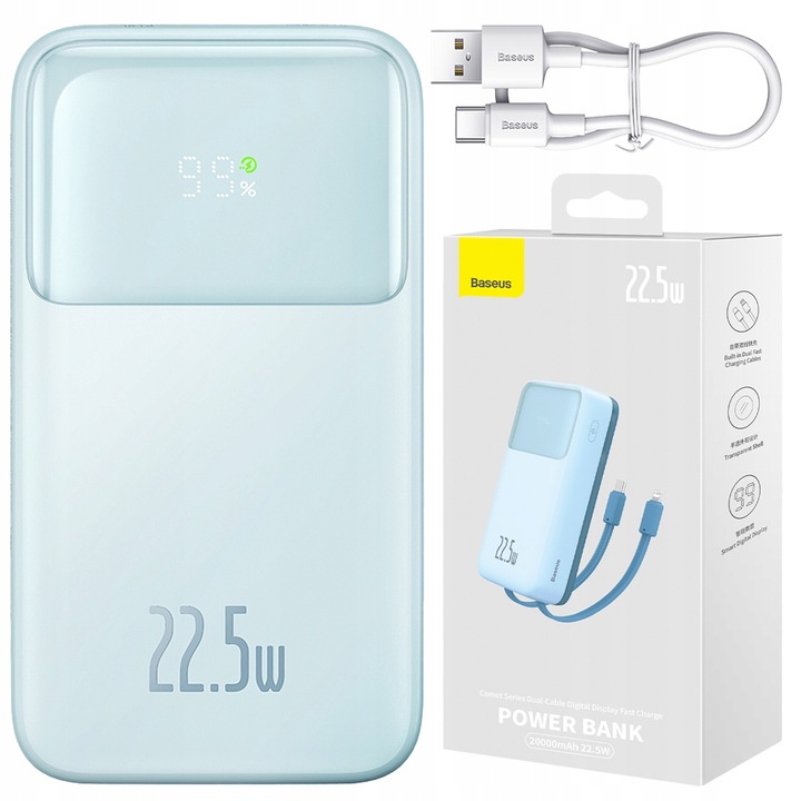BASEUS POWER BANK SZYBKIE ŁADOWANIE 20000MAH 22.5W KABEL USB-C LIGHTNING