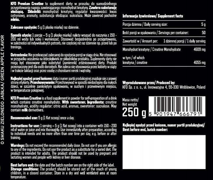 KFD PREMIUM CREATINE - 250 G KREATYNA MONOHYDRAT