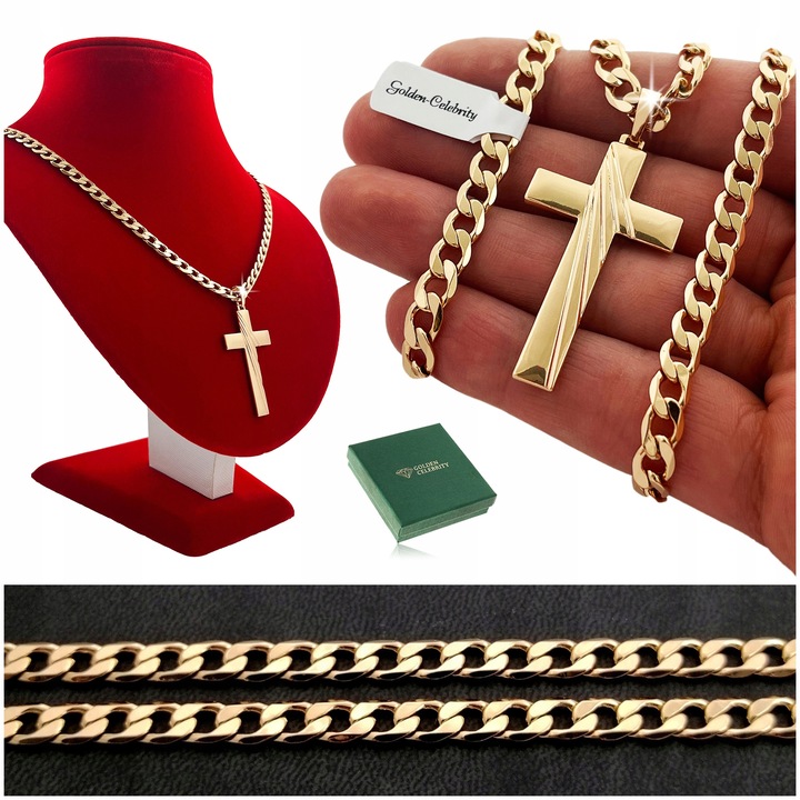 GRUBY ZŁOTY ŁAŃCUCH PANCERKA + KRZYŻYK 18K 50CM+GRATISY / PREZENT DLA NIEGO