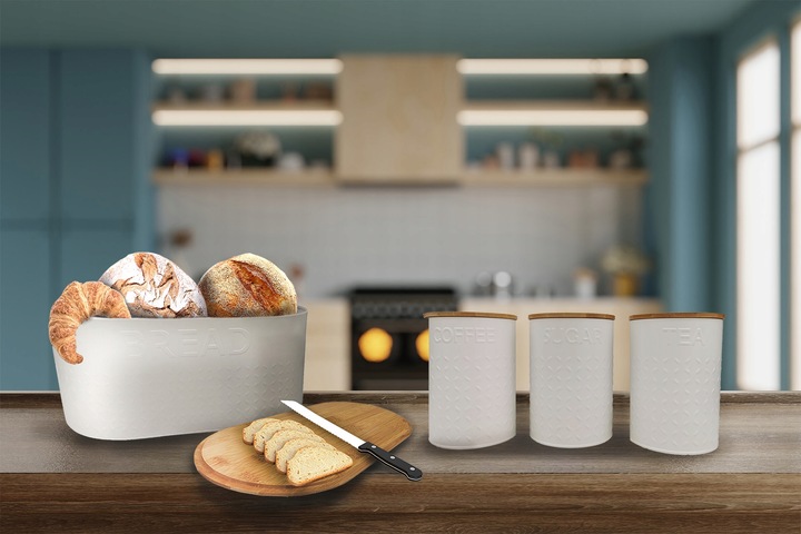 ZESTAW 5W1 CHLEBAK + POJEMNIKI NA KAWĘ CUKIER HERBATĘ DESKA KROJENIA CHZ03