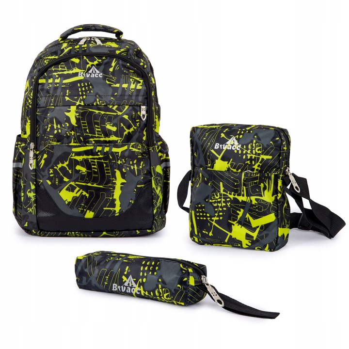Bivacc Pojemny plecak szkolny młodzieżowy czarny zestaw 3 szt Bivacc