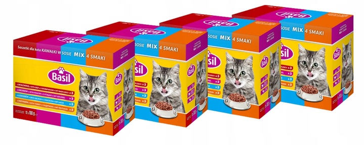 Mokra Karma dla kota KAWAŁKI w SOSIE Basil MIX 4 SMAKI 48 saszetek
