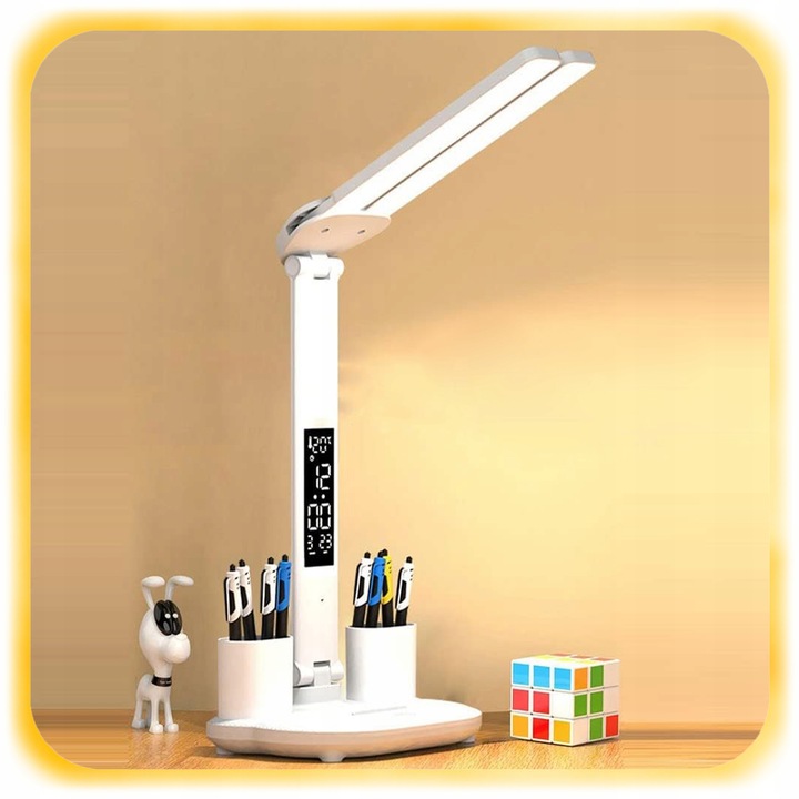PODWÓJNA LAMPKA BIURKOWA LED Z ORGANIZEREM WYŚWIETLACZEM TEMP ZEGAR