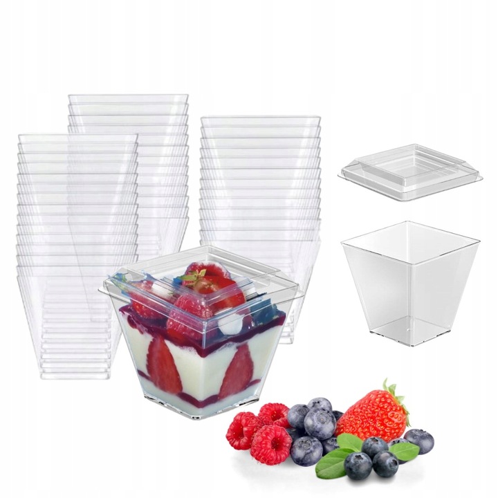 Pucharki plastikowe do deserów i przekąsek 200 ml kwadrat z pokrywką 50szt