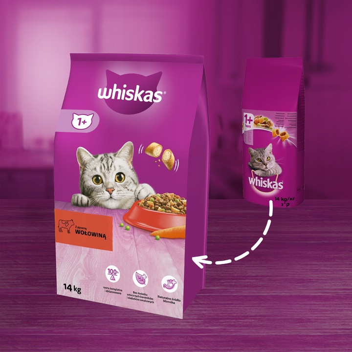 WHISKAS sucha karma dla kota z wołowiną 14 kg