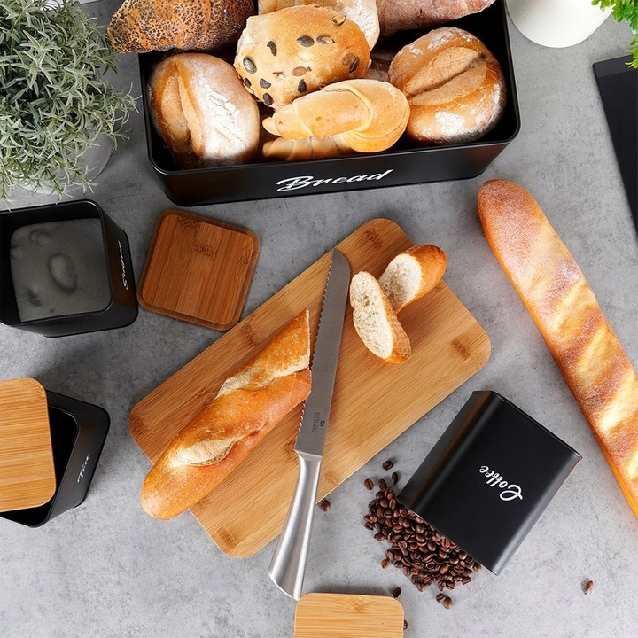 Chlebak CZARNY metalowy bambusowy pojemnik kuchenny na pieczywo chleb