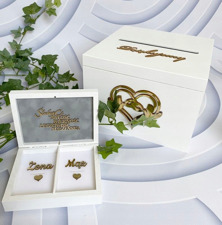 Pudełko na koperty + obrączki białe złote dekory