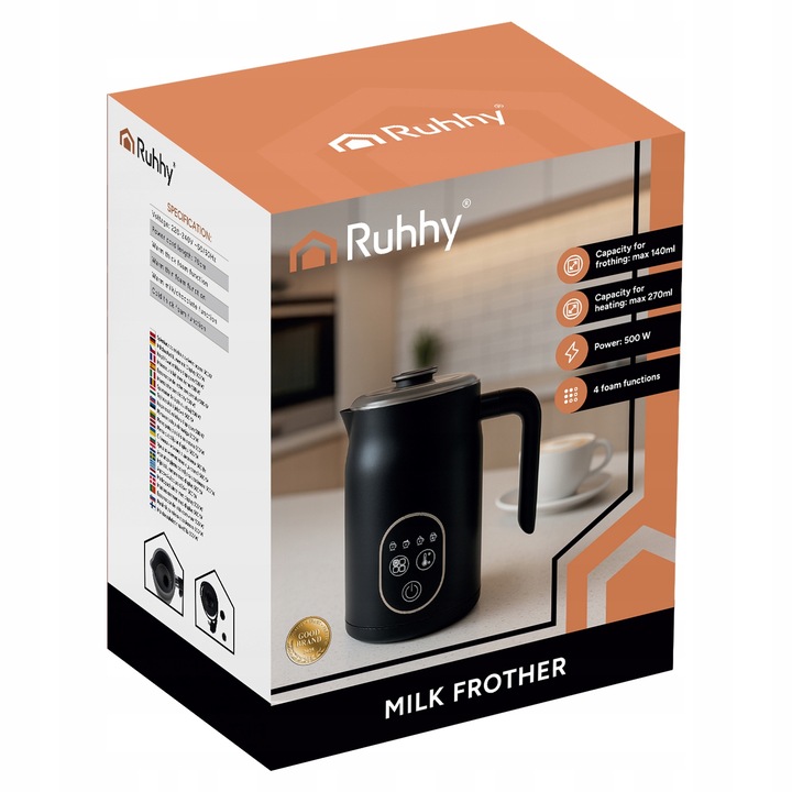 Spieniacz do Mleka Kawy Elektryczny Ruhhy 500W 4w1 Wyświetlacz LED BPA