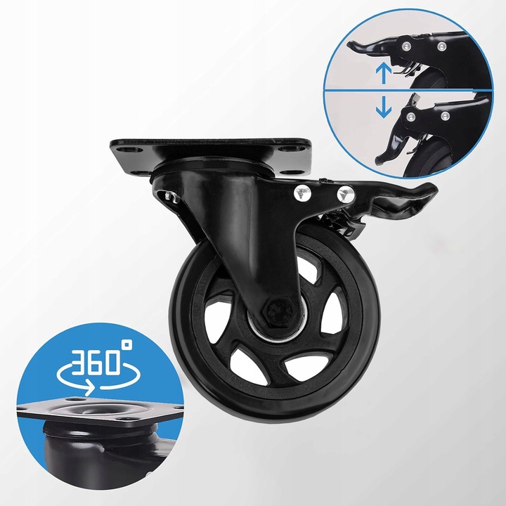 KÓŁKA OBROTOWE Z HAMULCEM 100 MM ZESTAW JEZDNY DO 500 KG DO MEBLI