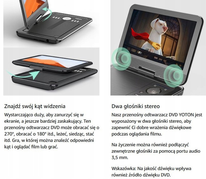 DVD Przenośne 10,1 LCD YOTON YD105 USB SD PILOT Obrotowy Ekran