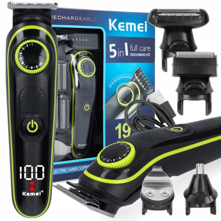 GOLARKA MĘSKA TRYMER DO BRODY WLOSÓW ZESTAW 5W1 KEMEI BARBER USB