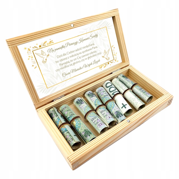 PAMIĄTKA Pierwszej KOMUNII ŚWIĘTEJ prezent pudełko pieniądze KOMUNIA