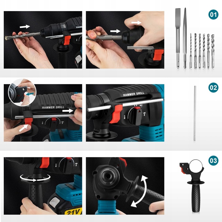 Bezszczotkowa młotowiertarka/wkrętarka udarowa SDS-PLUS, zestaw 2