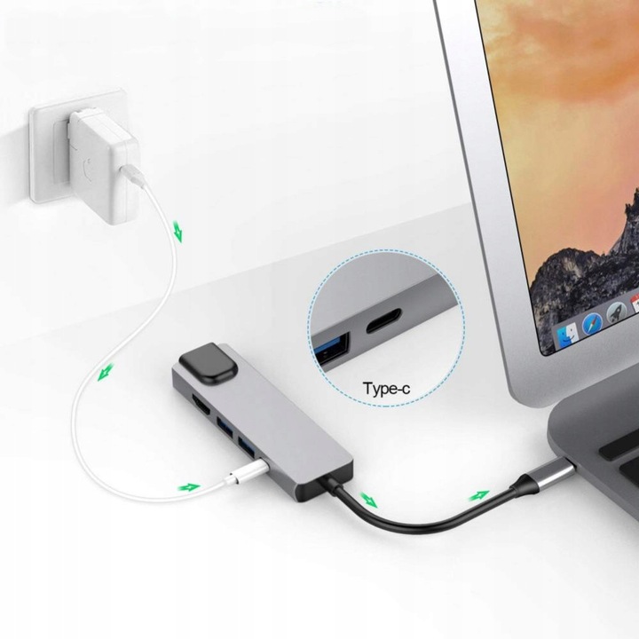 ADAPTER KARTA SIECIOWA ETHERNET GIGABIT 5W1 HUB USB-C HDMI 4K LAN USB 3.0x2