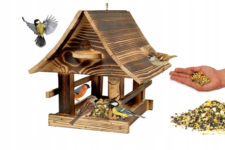Solidny Drewniany KARMNIK XXL DLA PTAKÓW karmik opalane drewno
