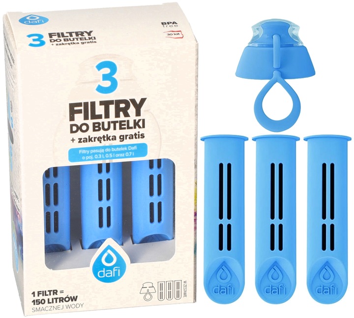 Zestaw Dafi niebieski zakrętka + 3 filtry do butelki Dafi Soft i Solid