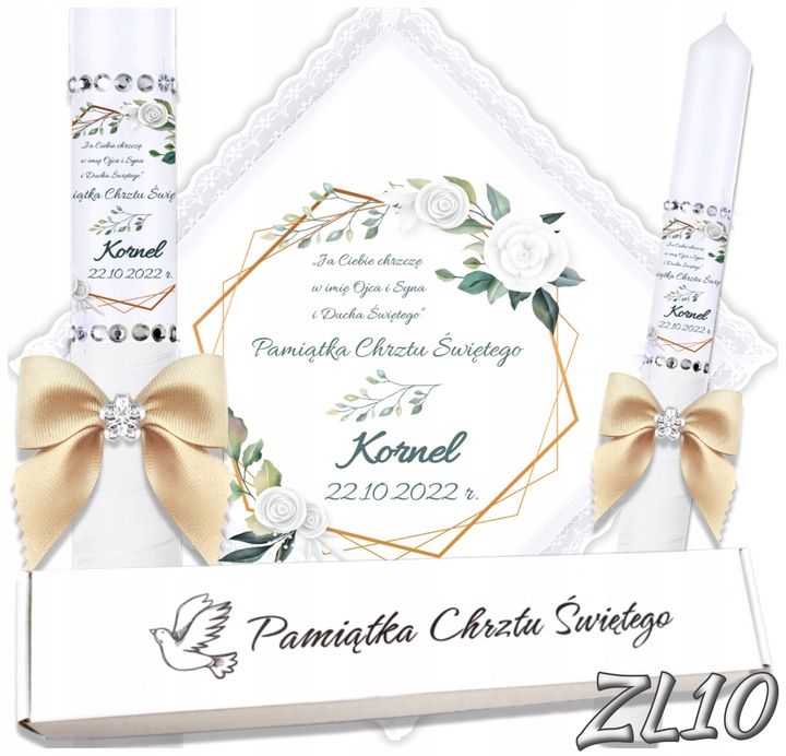 Biała szatka i świeca do chrztu ECO imię i data BOHO gromnica pudełko