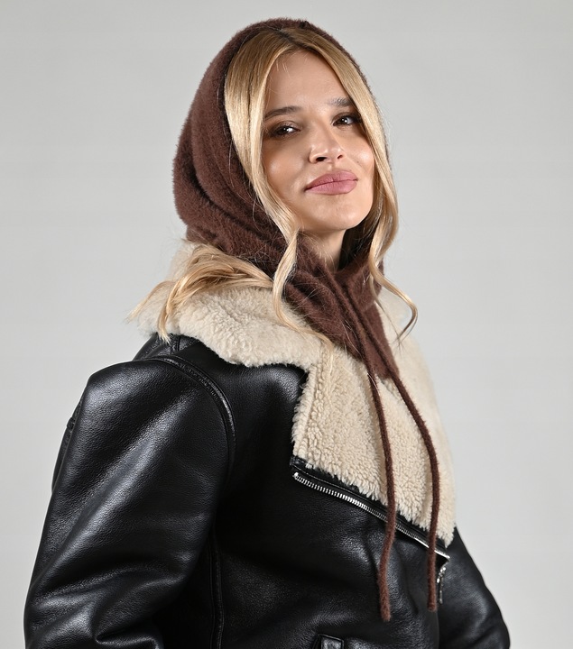 Czekoladowa Kominiarka KAPTUR komin Balaclava Czapka damska miekka