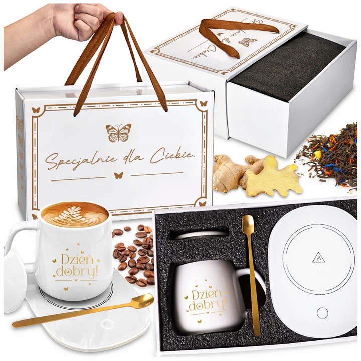 ZESTAW PREZENTOWY PODGRZEWACZ KABEL KUBEK POKRYWKA ŁYŻECZKA DO KAWY