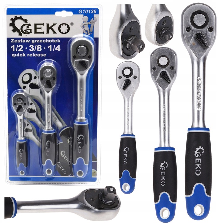 ZESTAW 3x GRZECHOTKA GEKO PROSTA 1/2' 1/4' 3/8'