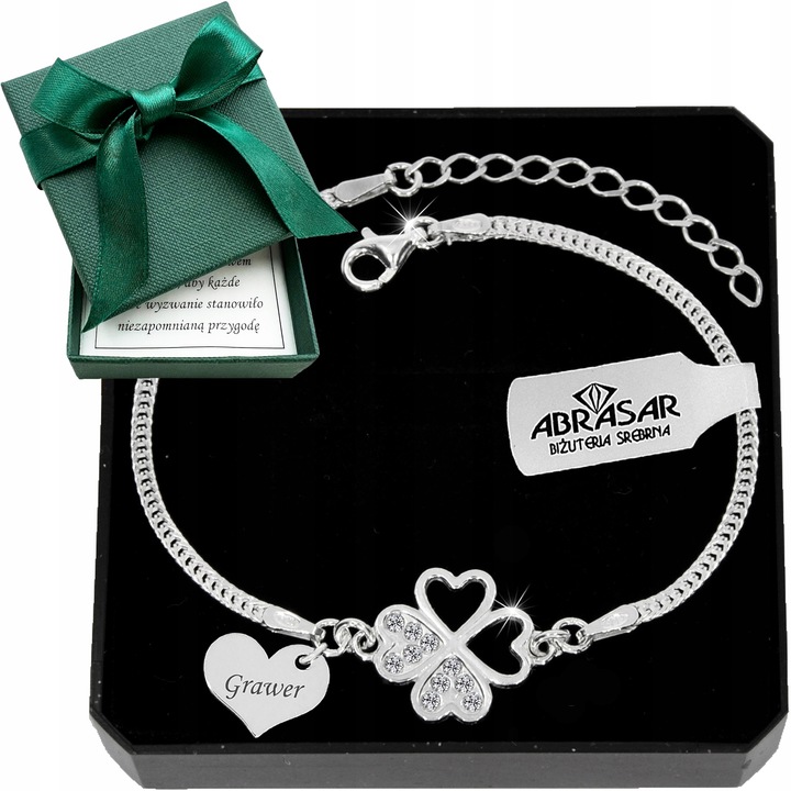 Bransoletka srebrna Koniczynka z cyrkoniami serce na prezent grawer