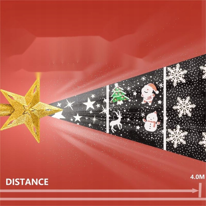 Projektor LED oświetla gwiazdy na czubku choinki, ozdoby świąteczne