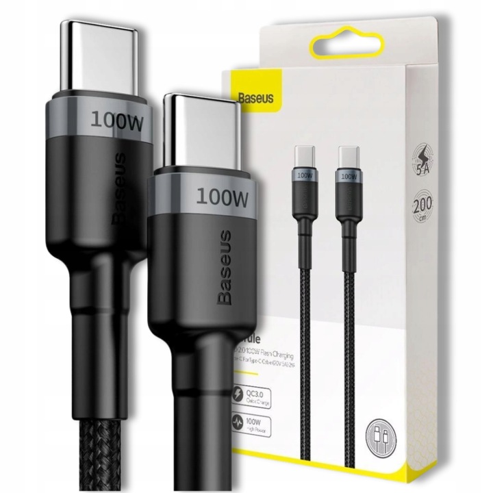 BASEUS KABEL USB-C TYP C 100W 5A PD QC SZYBKI MOCNY PRZEWÓD W OPLOCIE 2M