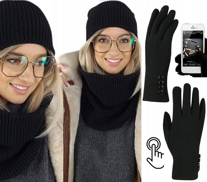 zimowy KOMPLET damski CZAPKA + KOMIN + RĘKAWICZKI DOTYKOWE ciepły