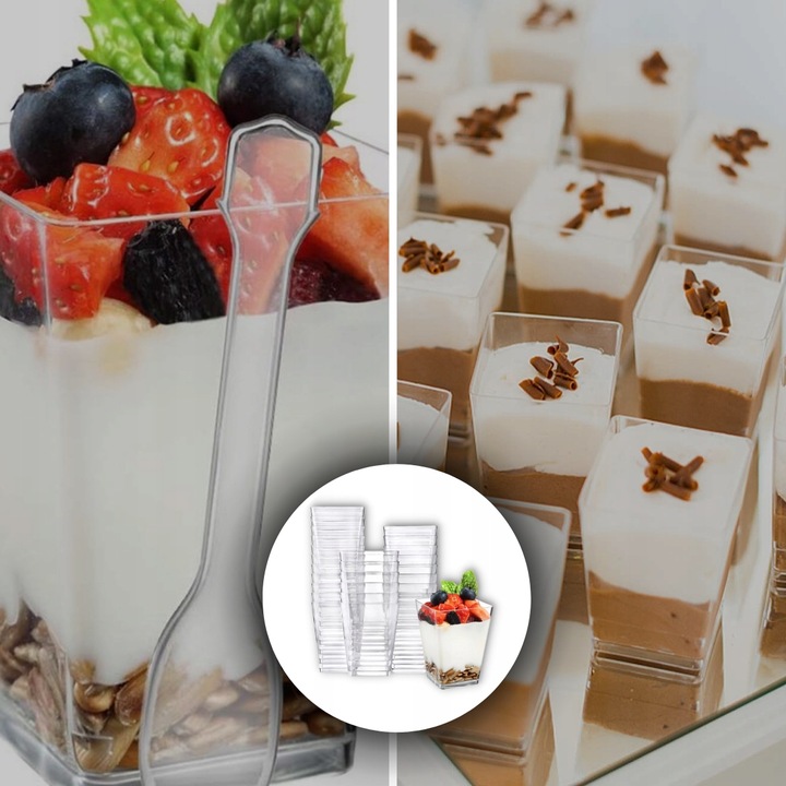 KUBEK PUCHARKI NA PRZEKĄSKI DESERY 200ML 50SZT POJEMNIK NA DESER KWADRATOWY