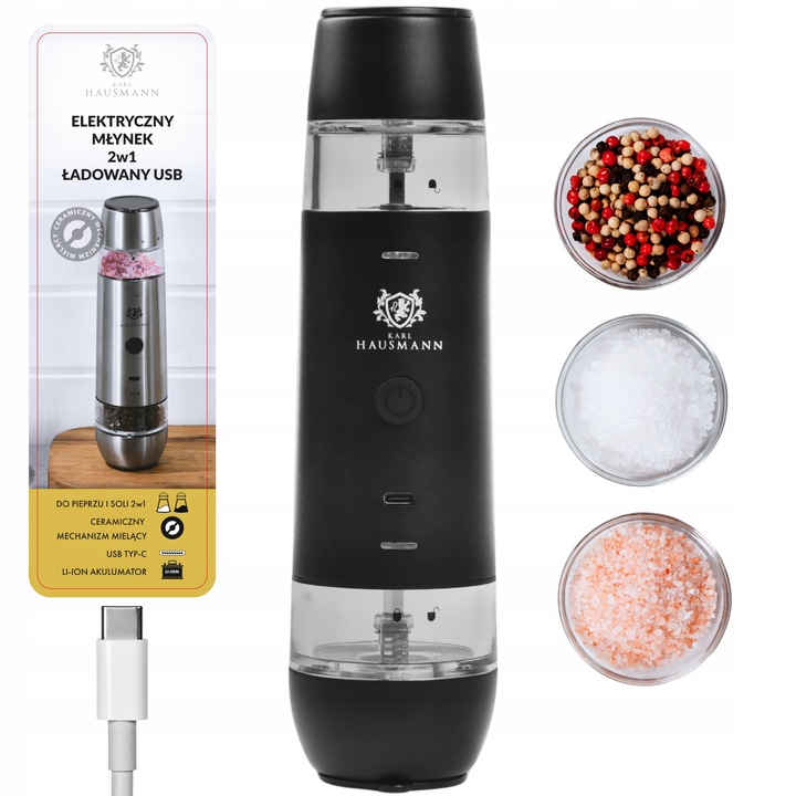 ELEKTRYCZNY MŁYNEK DO SOLI I PIEPRZU AKUMULATOROWY USB C MŁYNEK DO PIEPRZU