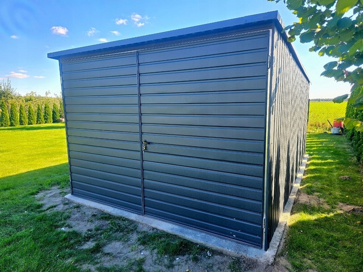 Garaż blaszany 3x5 grafit jednospadowy brama dwuskrzydłowa pion