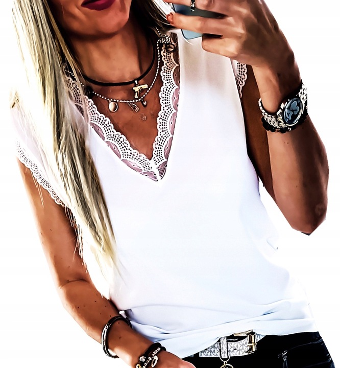 . BIAŁA BLUZKA POD ŻAKIET ELEGANCKA Z KORONKĄ TOP