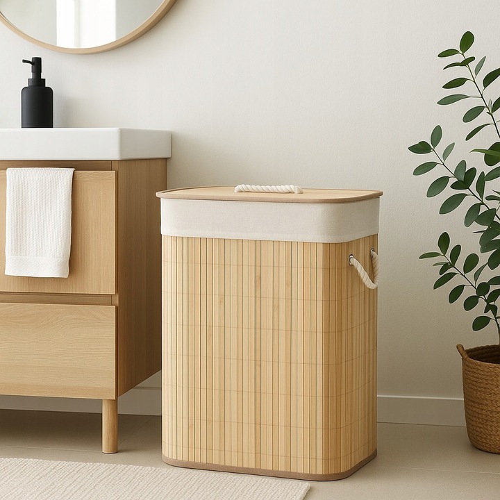 KOSZ NA PRANIE BAMBUSOWY BEŻOWY 60L Z WYJMOWANYM WORKIEM 40 X 30 X 50