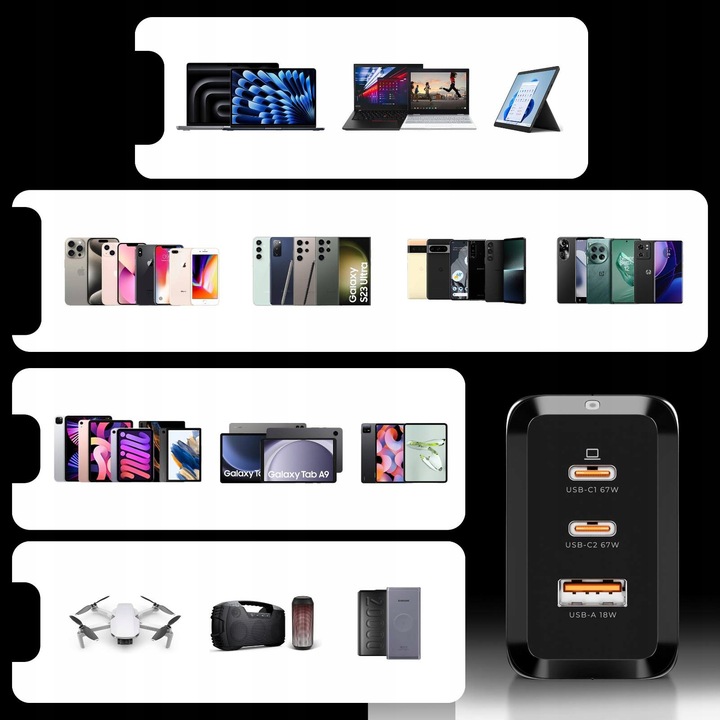 ŁADOWARKA USB C 3x USB 67W 65W TYP C UNIWERSALNA CZARNA + KABEL USB C 100W