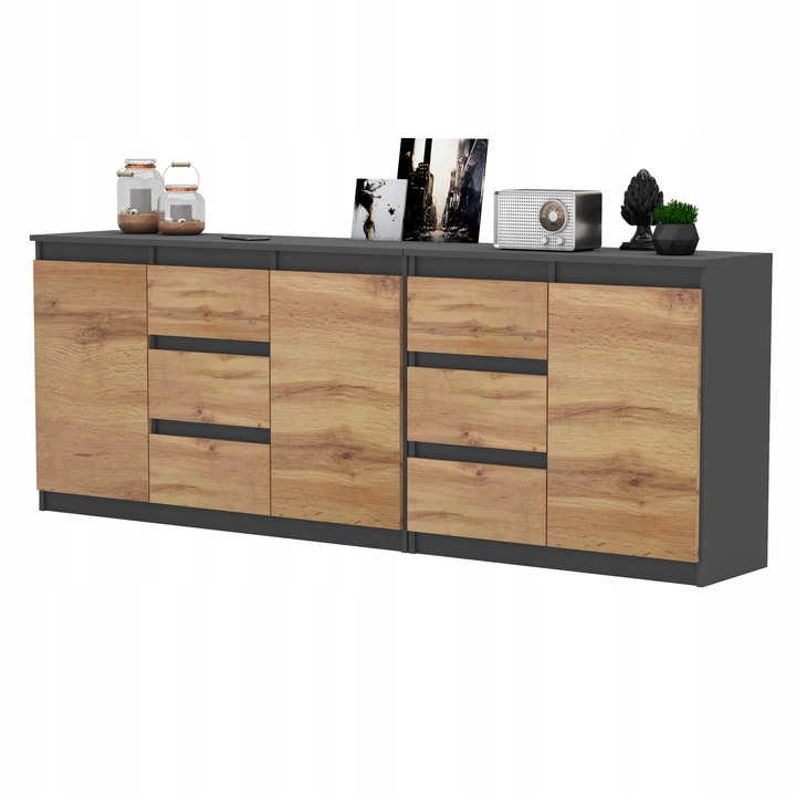 Komoda Antracyt/Wotan 6 szuflad 3 drzwi Duza Komoda 200 cm ZESTAW do