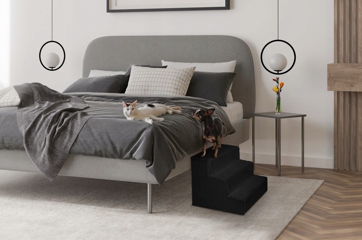 Schodki dla psa 3-stopnie tapicerowane czarne podest dla psa do kanapy