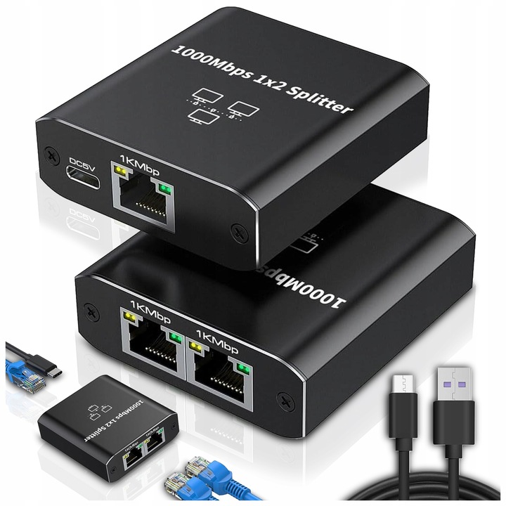 SPLITTER LAN 1x2 SWITCH ROZDZIELACZ ADAPTER 2xRJ45 ETHERNET 1000Mbps 1GB