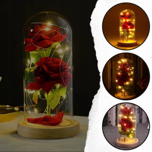 WIECZNA RÓŻA W SZKLE ŚWIECĄCA LED PREZENT PUDEŁKO NA WALENTYNKI DZIEŃ BABCI