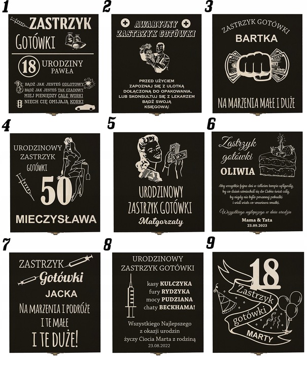 Zastrzyk gotówki prezent na urodziny 18 30 40 50 60 śmieszny pudełko grawer