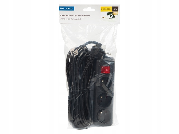 PRZEDŁUŻACZ LISTWA ZASILAJĄCA WŁĄCZNIK 3 GNIAZDA 5M CZARNY UZIEMIENIE