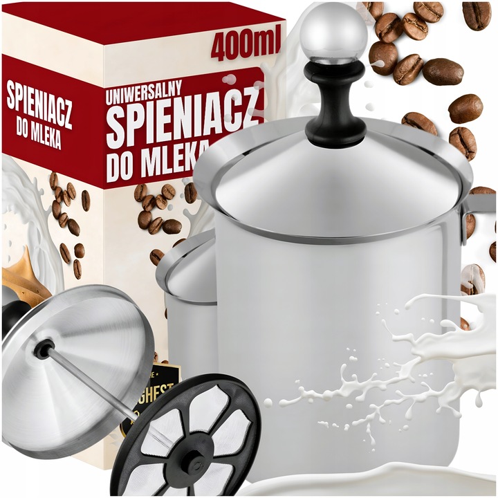 SPIENIACZ DO MLEKA RĘCZNY STALOWY GARNEK UBIJAK 400 ML