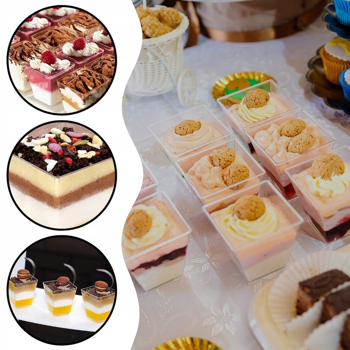 KUBEK PUCHARKI NA PRZEKĄSKI DESERY 200ML 50SZT POJEMNIK NA DESER KWADRATOWY