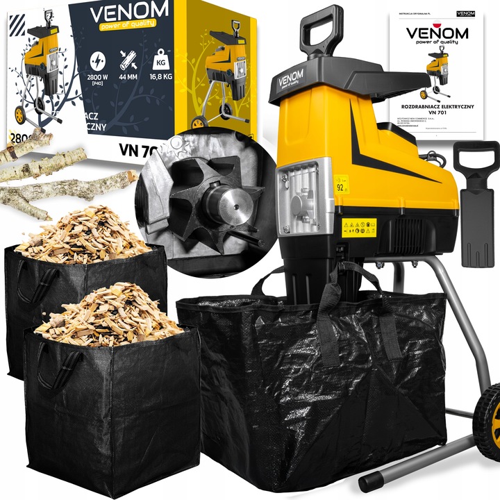 ELEKTRYCZNY ROZDRABNIACZ VENOM RĘBAK DO GAŁĘZI PRO MOCNY SILNIK 2X