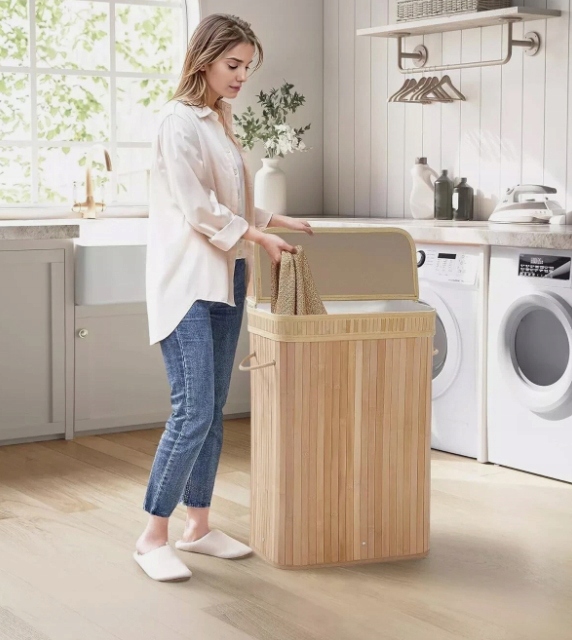 KOSZ NA PRANIE BAMBUSOWY BIELIZNĘ SKŁADANY POJEMNY JEDNOKOMOROWY WĄSKI