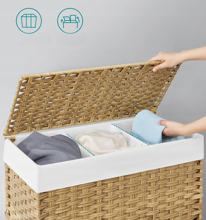 Kosz NA PRANIE pojemnik RATTAN naturalny NA KÓŁKACH 3 PRZEGRÓDKI 140L